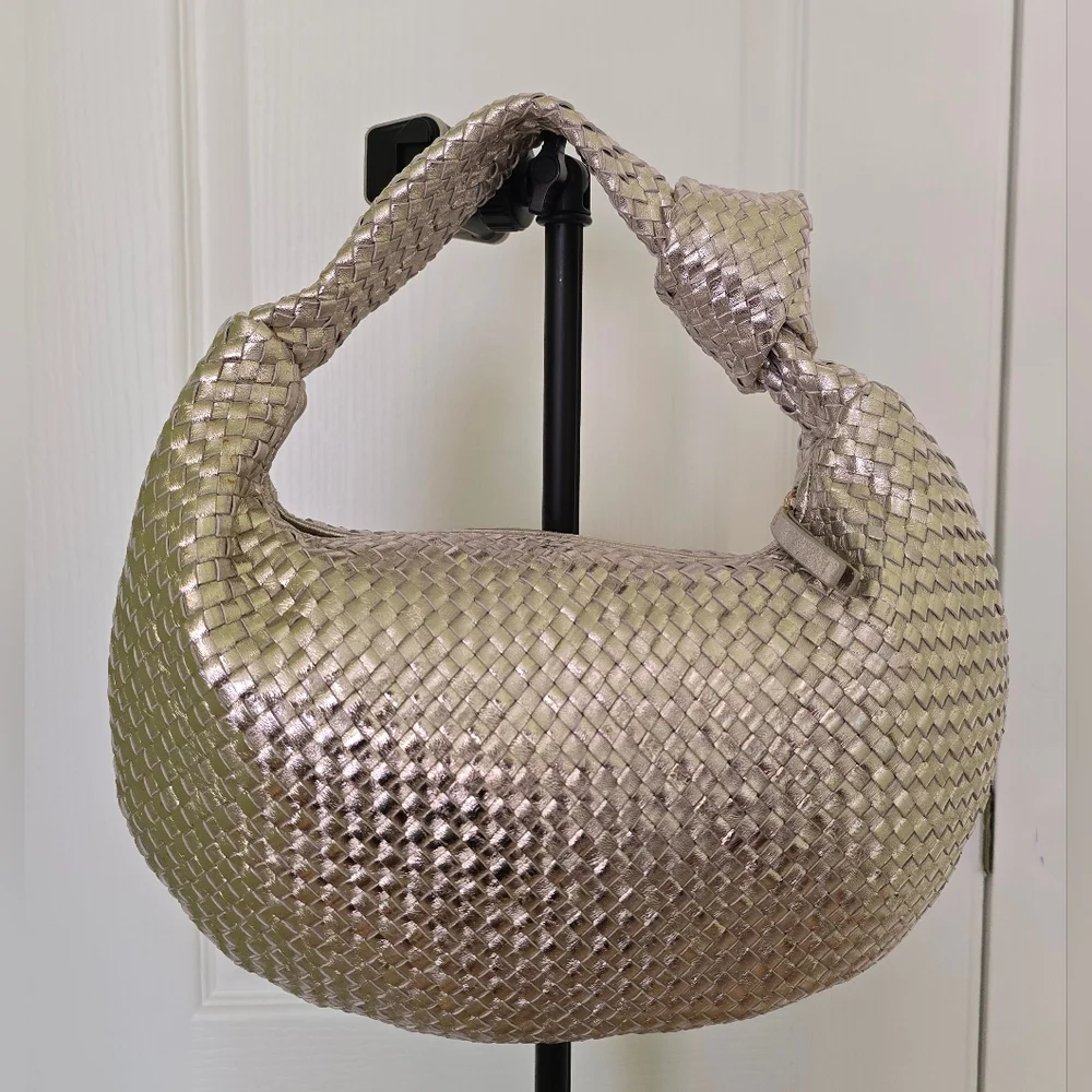 EUC WHBM Luxurious Silver Genuine Leather Woven Knot Bag